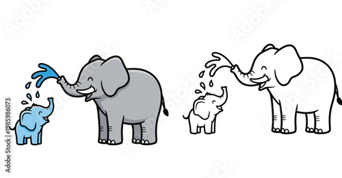 Cute Cartoon Elephant Family Spraying Water Illustration and Line Art Outline for Coloring Page