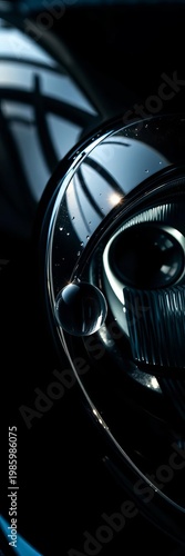 Gleaming chrome curves emerge from shadow, a dewdrop clinging to a polished headlight like an obsidian eye,  vintage,  light