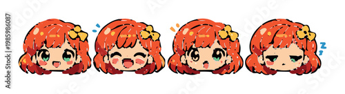 Redheaded girl faces showing different expressions on gray background