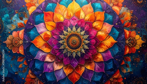Vibrant Mandala Featuring Intricate Design and Multicolored Petals