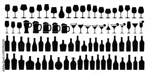 A black and white illustration of various wine glasses and bottles on a table setting