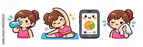 Girl drinking water stretching using fitness app wiping sweat indoors