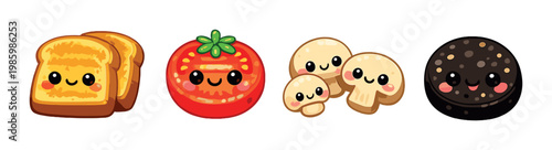 Toasted bread slices, tomato, mushrooms and dark round food item