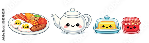 Plate of breakfast, teapot, butter dish and jam on gray background