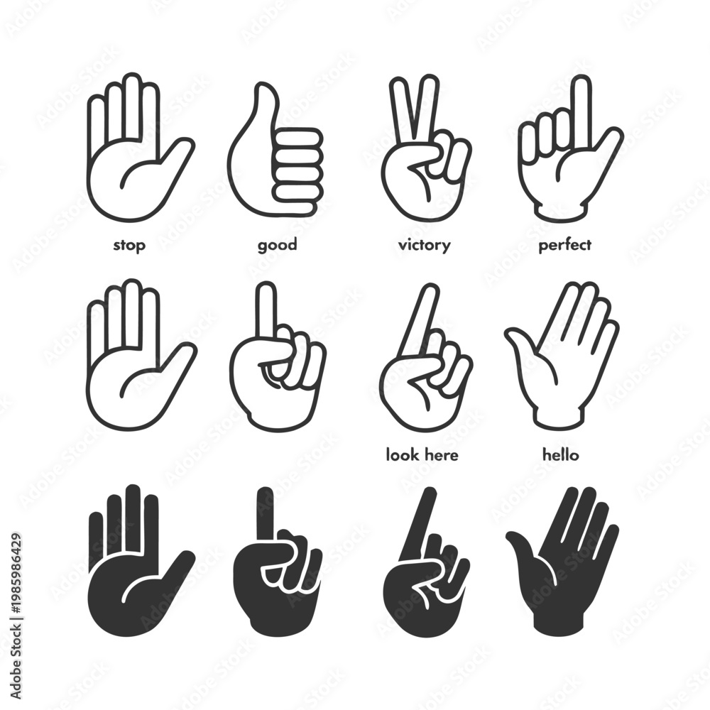 Fototapeta premium Hand Gesture Icon Set in Outline and Solid Style Featuring Stop, Thumbs Up, Victory, Perfect, Pointing and Hello Signs for UI and Communication Design