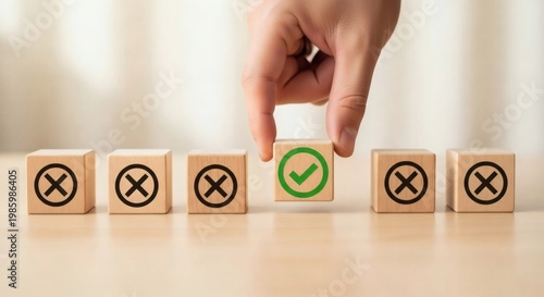 Business decision making concept. selecting right option among multiple choices using wooden blocks hand positioning green checkmark cube balanced comparison clean strategy visualization.

