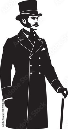 Vector illustration of a Victorian man in 1800s fashion, featuring a top hat, long coat, and cane, in a stark black and white silhouette style.