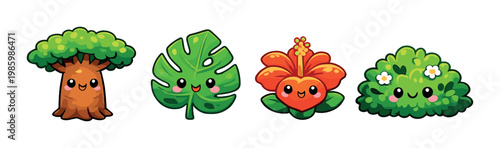 Tree stump, large leaf, hibiscus flower and bush on green background