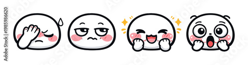 Four round faces showing facepalm bored happy and surprised on gray