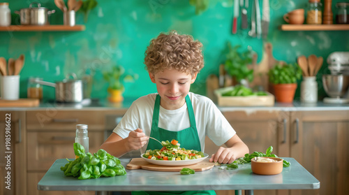 Male elementary student eating fresh vegetable salad at kitchen table. Healthy nutrition and cooking education for children.