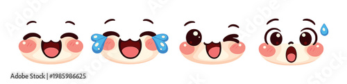 Set of four kawaii facial expressions on gray gradient background