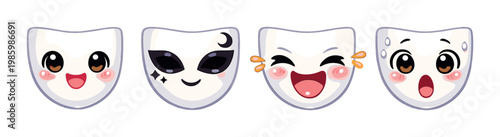 Four expressive white masks showing emotions on gray gradient