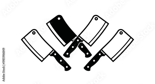 Set of Professional Meat Cleaver Knives on Isolated White Background, Butcher and Kitchen Tool Collection