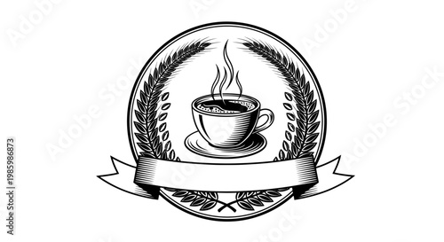 Outline illustration of a steaming coffee cup with laurel wreath and blank banner, vintage emblem design on isolated white background.