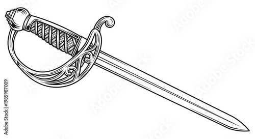Detailed Historical Saber Sword with Ornate Hilt Line Art Isolated White Background