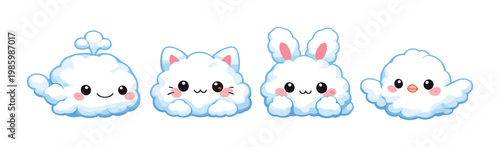 Four kawaii cloud characters with animal features on dark background