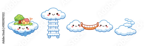 Cloud islands and sky structures displayed in a row on dark background