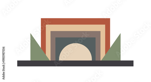 Abstract Geometric Landscape with Layered Arch and Triangular Elements, isolated white background.