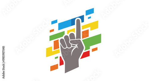 Human Hand with Index Finger Pointing Up and Colorful Geometric Background Isolated White Background