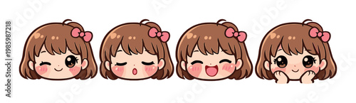 Girl making four varied facial expressions in row on gray background