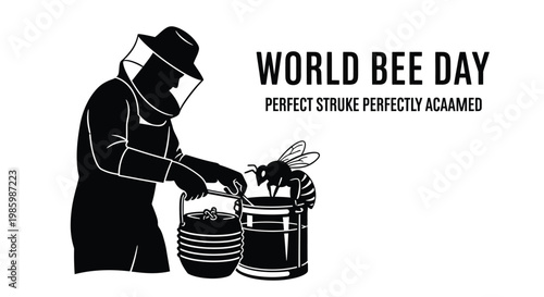 Vector illustration of a beekeeper in protective gear tending to bees, celebrating world bee day.