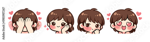Cartoon girl showing four blushing expressions on gradient background