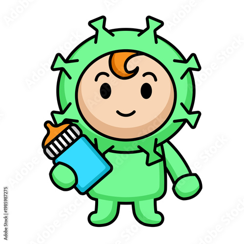 Illustration of mascot of cute kid with virus costume character design.