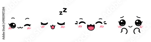 Set of kawaii facial expressions with pink blush on gray background