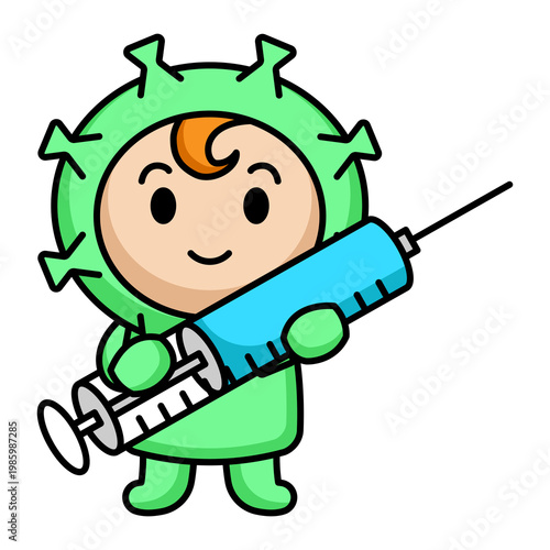 Illustration of mascot of cute kid with virus costume character design.