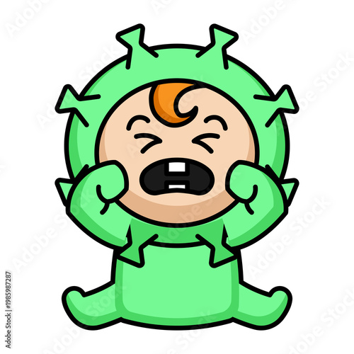 Illustration of mascot of cute kid with virus costume character design.