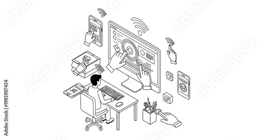 Isometric illustration of a person interacting with various digital devices and interfaces.