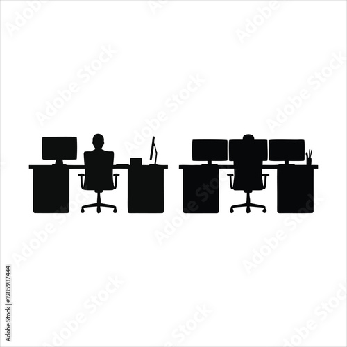 Two people working at office desks with computers and chairs