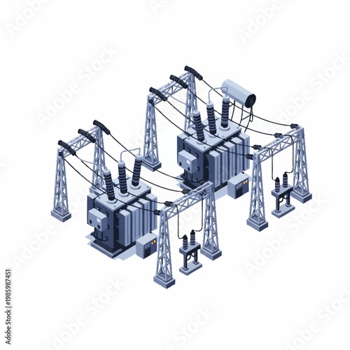 Electrical power substation with transformers and transmission towers.