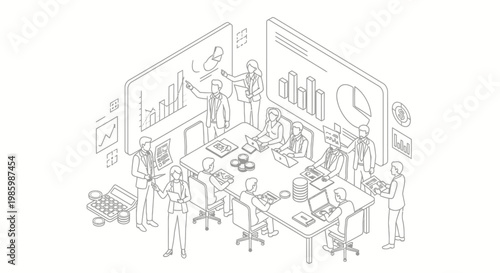 Isometric line art illustration of a business meeting in a modern office.