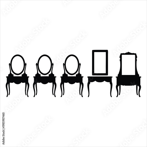 A set of black silhouettes of antique vanity tables with mirrors