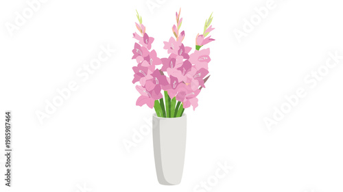 Pink Gladiolus in White Vase Vector Side Profile Floral Arrangement Isolated