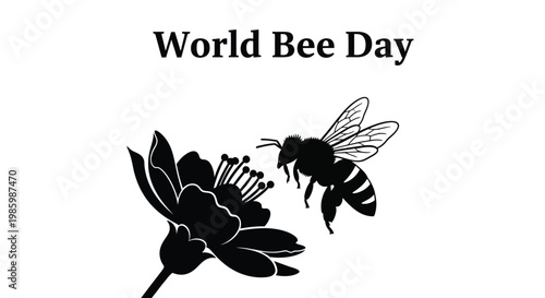 Simple black vector graphic illustration depicting a hardworking honey bee flying near a beautiful blooming flower
