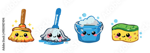 Cleaning tools broom mop bucket and sponge on gray background