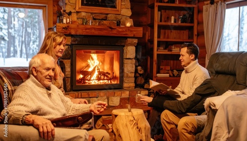Family Gathering by Cozy Fireplace in Winter Cabin.