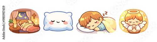 Child sleeping with pillow and angel in bedroom scene