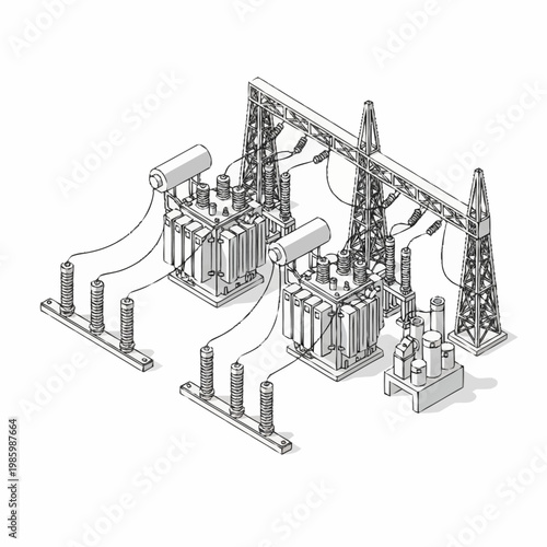 Electrical substation with transformers and power lines.
