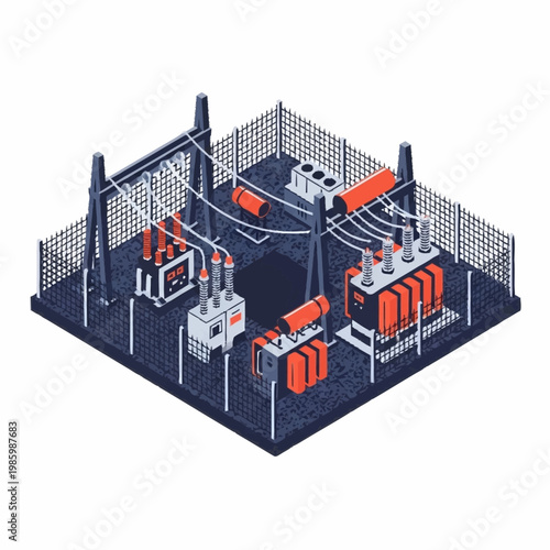 Electrical substation with transformers and power lines.