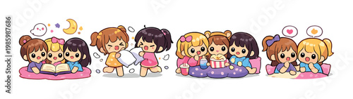 Group of girls at slumber party reading, pillow fight and movie night