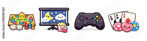 Board game, movie screen, game controller and cards displayed on gray