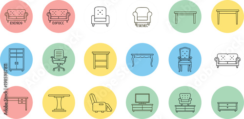 Modern minimalist furniture line icon set featuring sofas armchairs tables desks and storage cabinets on colorful circular backgrounds, 18 words.