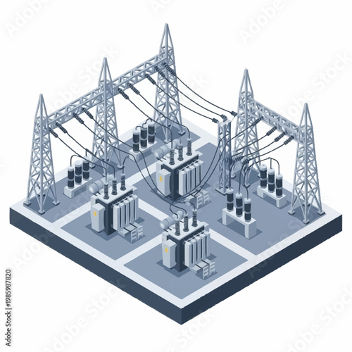Electrical substation with transformers and power lines.