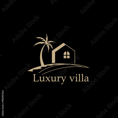 Luxury villa logo vector house palm tree resort real estate premium property travel holiday accommodation brand identity