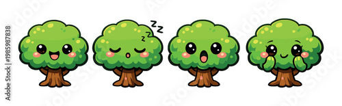 Four expressive tree bushes showing emotions on green