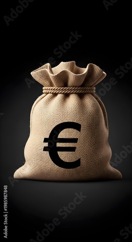 Euro Currency Money Bag Concept on Black Background, Financial Savings and Investment Symbol, European Economy Wealth Management, Banking Finance Capital Growth and Business Profit Illustration