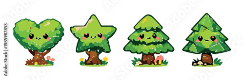 Four stylized smiling trees lined up on green gradient background